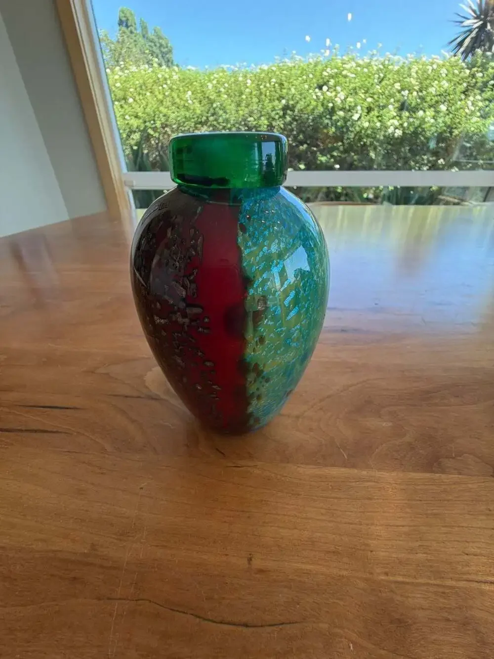 Franco Moretti Murano Art Glass Vase Green Red Blue with Gold Sparkles